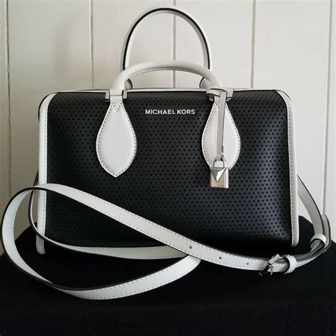 glossy black and white michael kors|Michael Kors black leather tote.